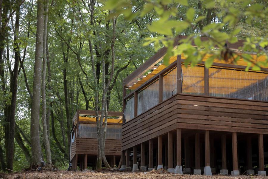 ４棟限定の宿泊施設を建築させて頂きました。森林の中の秘密基地のようなそんな貸別荘。